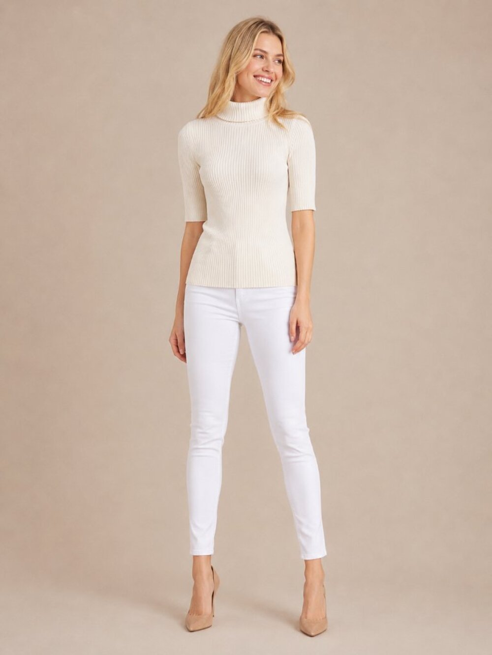 Banana Republic Best Ribbed Short Sleeve Turtleneck Sweater White Large #A3216